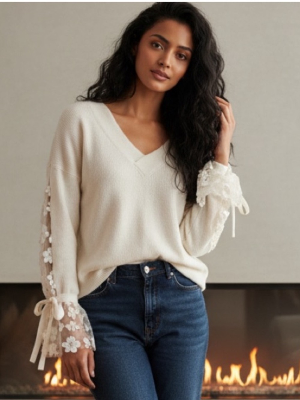 French Connection White 100% Cotton Caballo Floral Lace Sleeve V-Neck Sweater